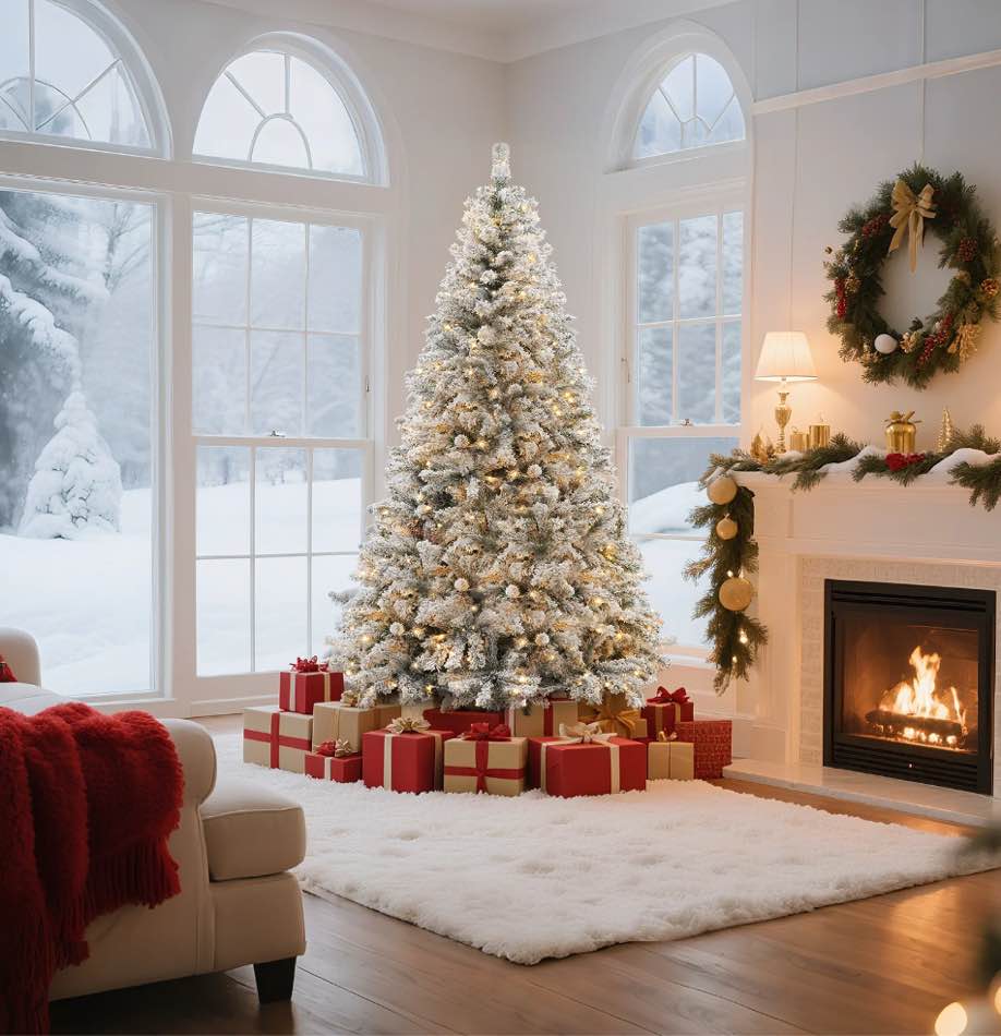 VAVSEA 7.5ft Pre Lit Snow Flocked Christmas Tree with Storage Bag, Fence, Tree Skirt, Hinged Artificial Xmas Tree with 350 Warm White Lights, 1200 Tips for Holiday Home Office Decoration