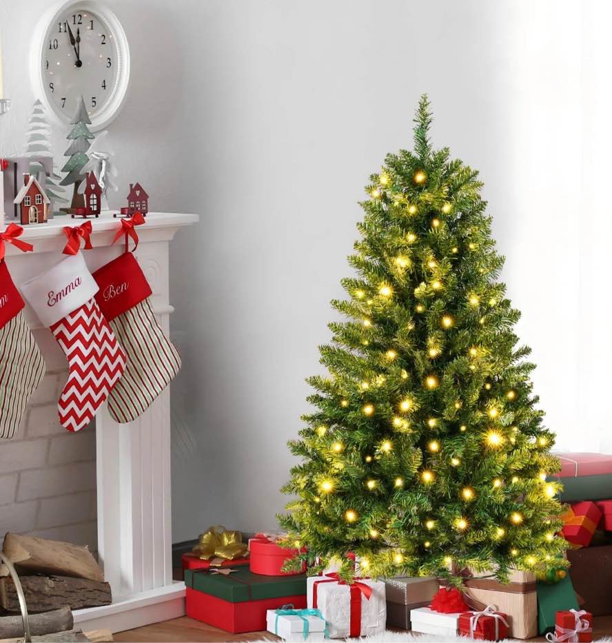 Qunler Pre-Lit Christmas Tree, 4ft Artificial Green Christmas Tree with 150 Warm White & Multicolor 10 Modes LED Lights, 360 Lifelike Branch Tips, Metal Stand