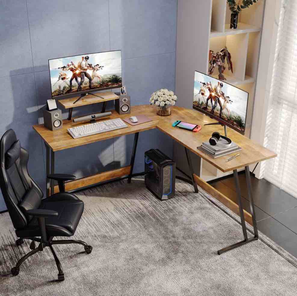Homall L-Shaped Gaming Desk 51.2 Inches Corner Office Gaming Desk with Removable Monitor Riser Classical Brown