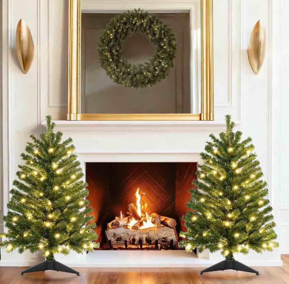 2 Pack 3 FT Pre-Lit Christmas Tree w/ 70 Lights 163 Tips, Hinged Artificial Holiday Xmas Christmas Decoration, Green