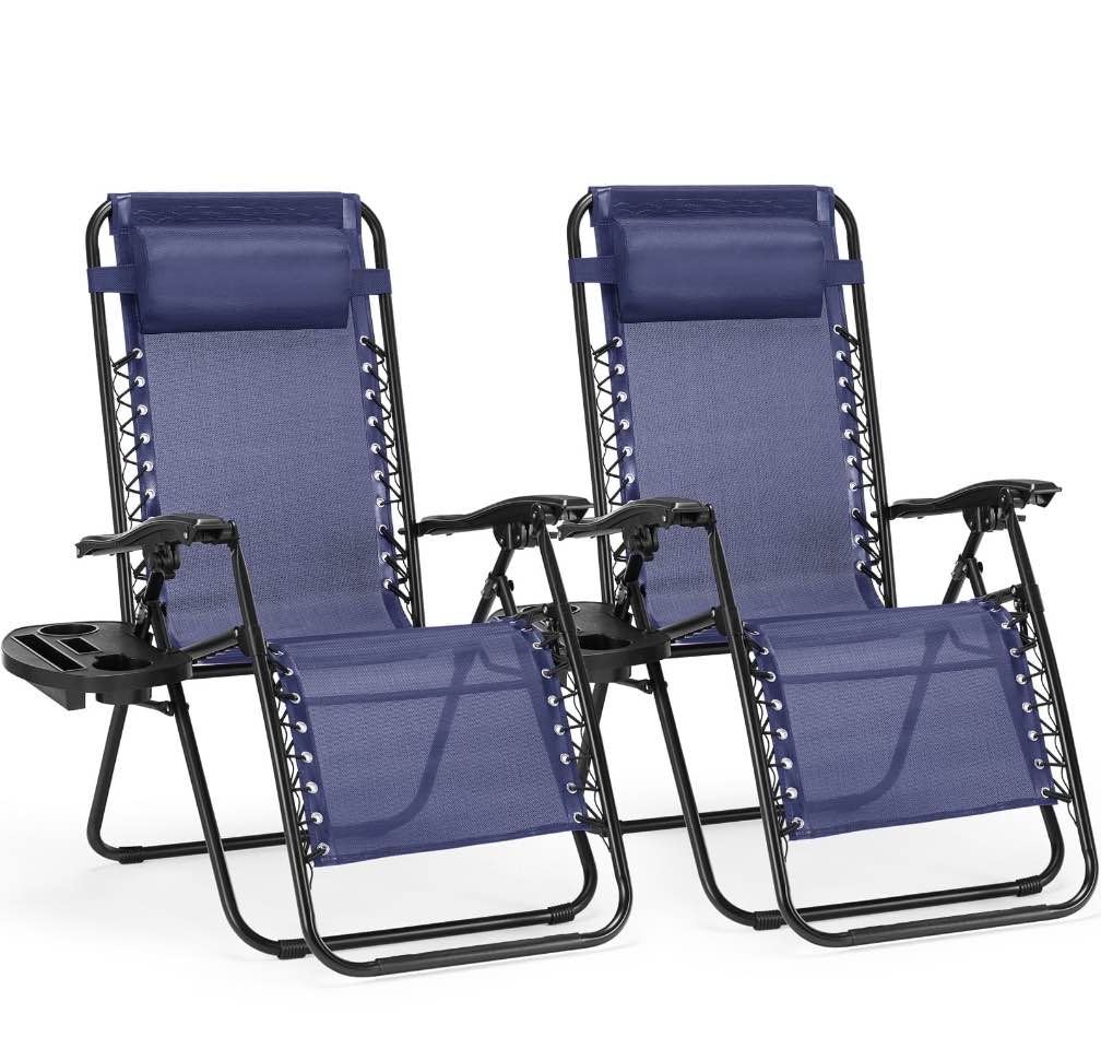 CONCETTA 2PCS Zero Gravity Patio Recliner, Textilene Folding Lounge with Adjustable Pillow & Cup Tray, Blue