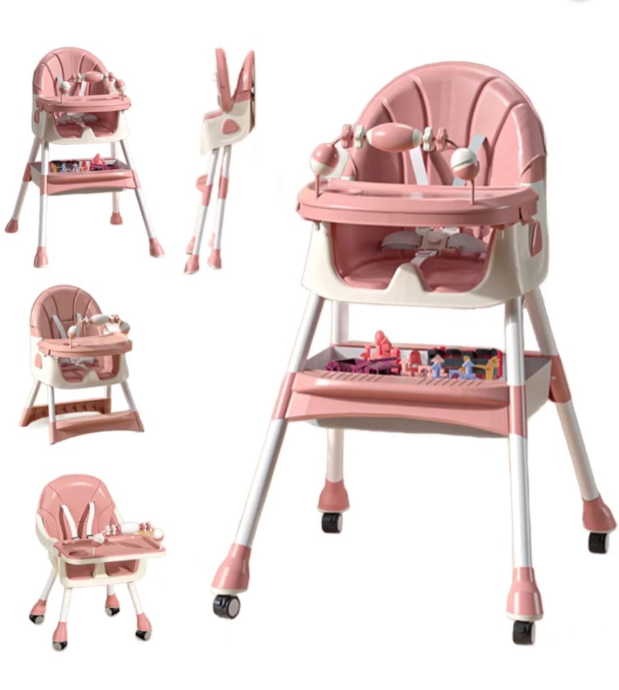 FACNOATIHN Baby High Chair, 4-in-1 Foldable Highchair Dining Feeding Chair with Five-Point Harness Double Dining Plate & Toy Rack, Infant to Toddler, Pink