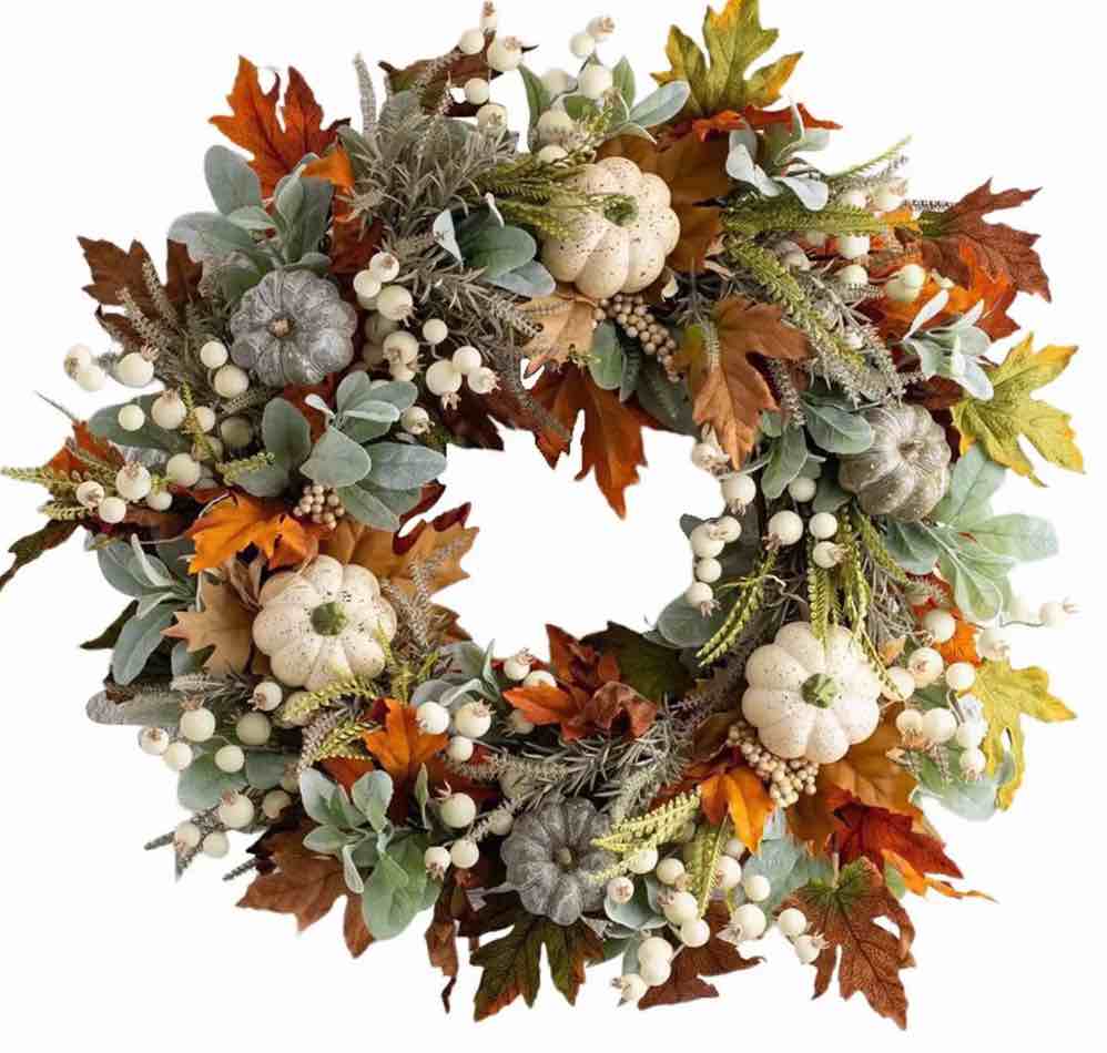 Fall Wreath for Front Door,18 Inch Autumn Wreath with Maple Leaf,Pumpkins and White Berries,Artificial Pumpkins Wreath,Thanksgiving Wreaths,Maple Leaf Wreath Decor