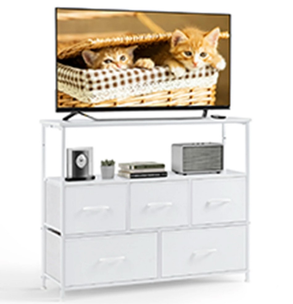 CONCETTA TV Stand with 5 Drawer Dresser for Bedroom, Storage Cabinet with 55 Inch TV Stand for Living Room, White