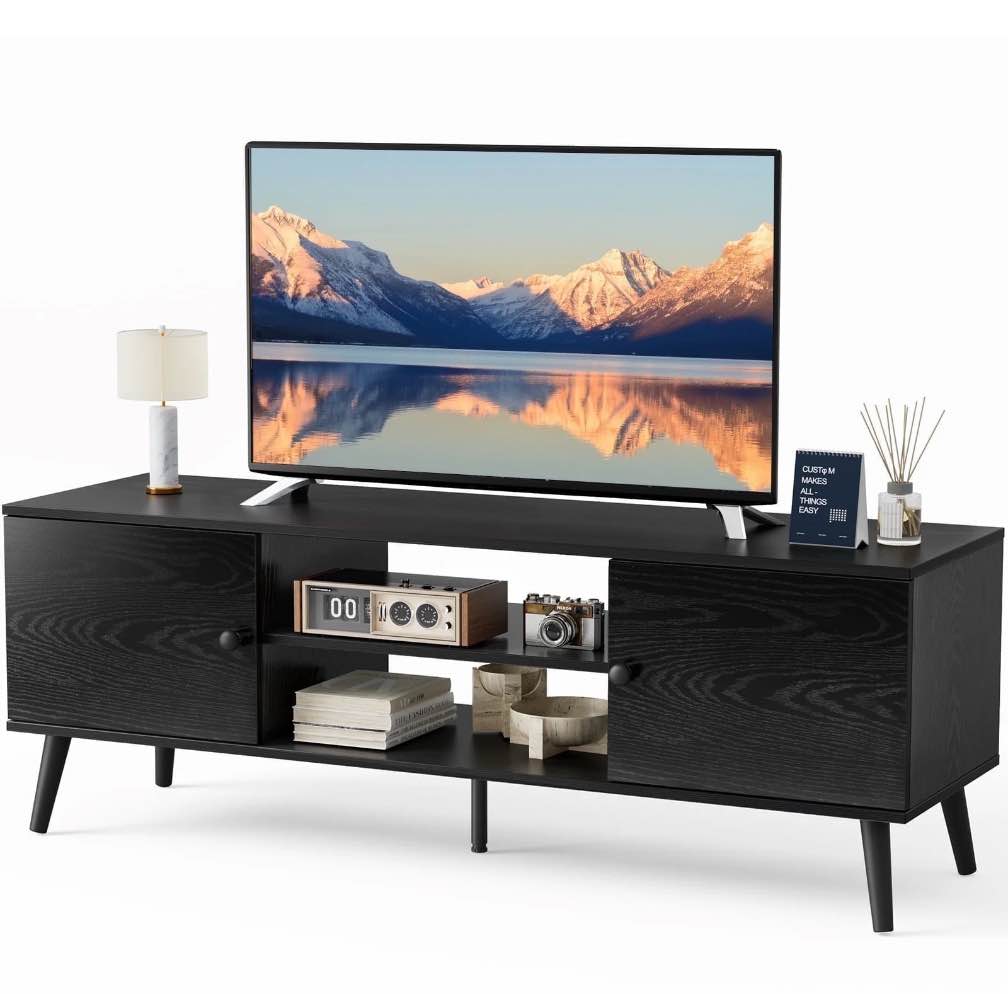edx Modern TV Stand for 55-60 inch TV, Mid Century Entertainment Centre, Media Console Table with Storage for Living Room, Office, Black