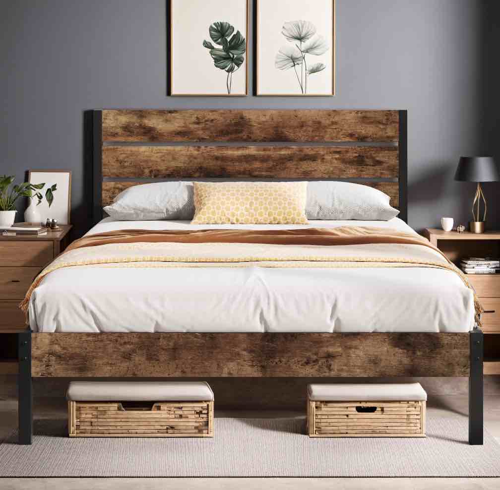 Lifezone Queen Bed Frame with Rustic Vintage Wood Headboard and Footboard,Metal Support,Rustic Brown