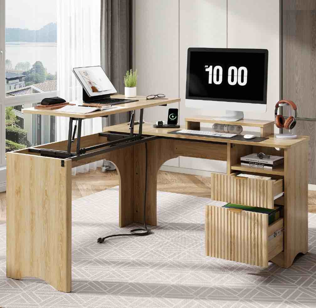 Bestier 55" L-shaped Computer PC Desk Lift Top with Power Outlets Storage Drawers and Monitor Stand, Log