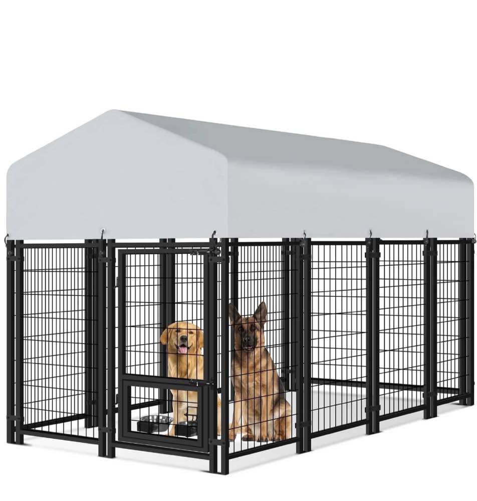 WOKEEN 8x4x5FT Outdoor Dog Kennel for Large Dogs, 2025 Newly Upgraded Heavy Duty Welded Steel Wire Fence with Waterproof Roof, 2 Rotating Bowls & Secure Lock |Backyard| All Life Stages Dogs