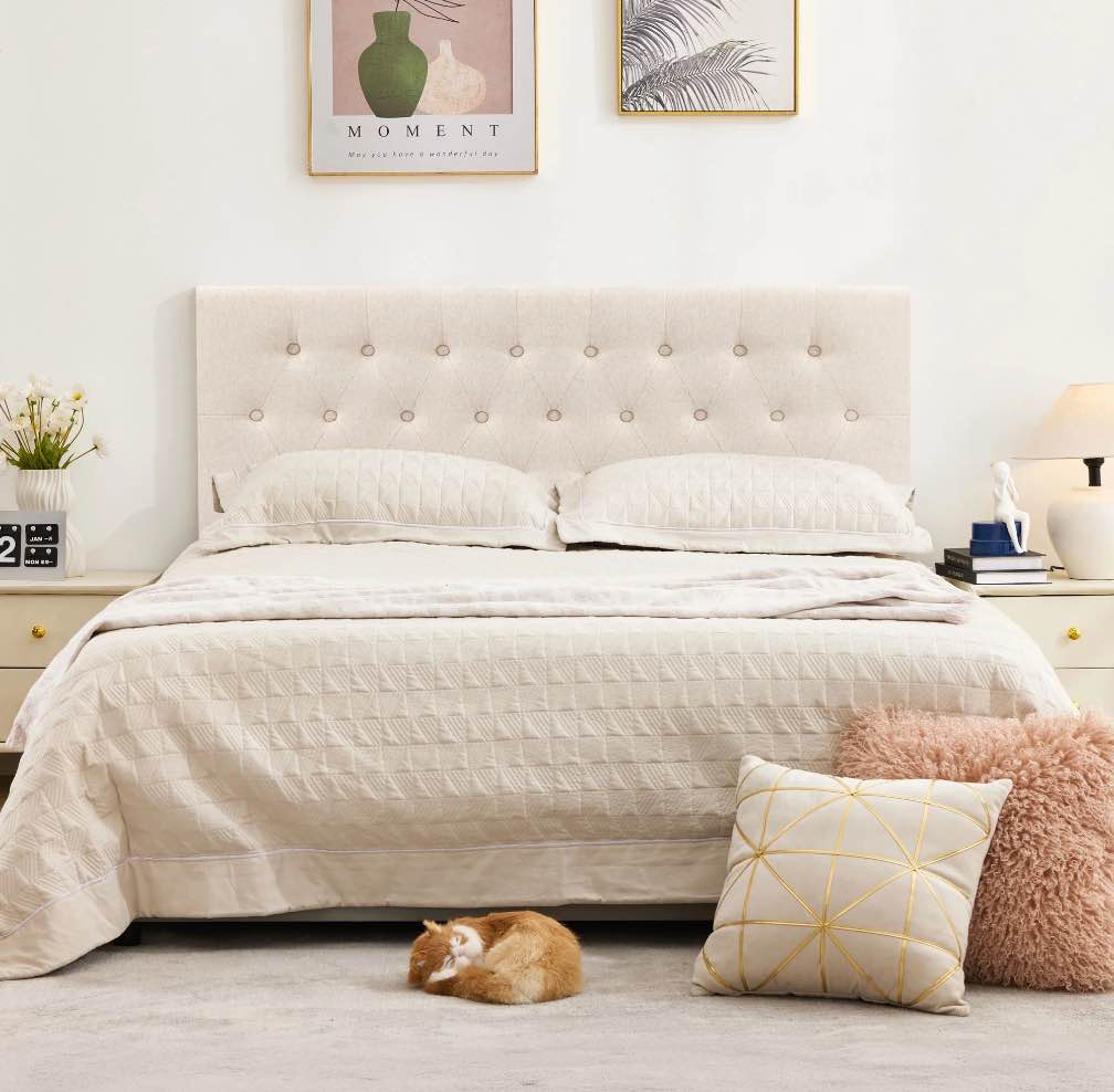 JONPONY Tufted Upholstered Headboard Queen Size, Solid Wood Head Board with Adjustable Height Headboard from 37" to 51",Bed Frame Adapters,Beige,Headboard Only
