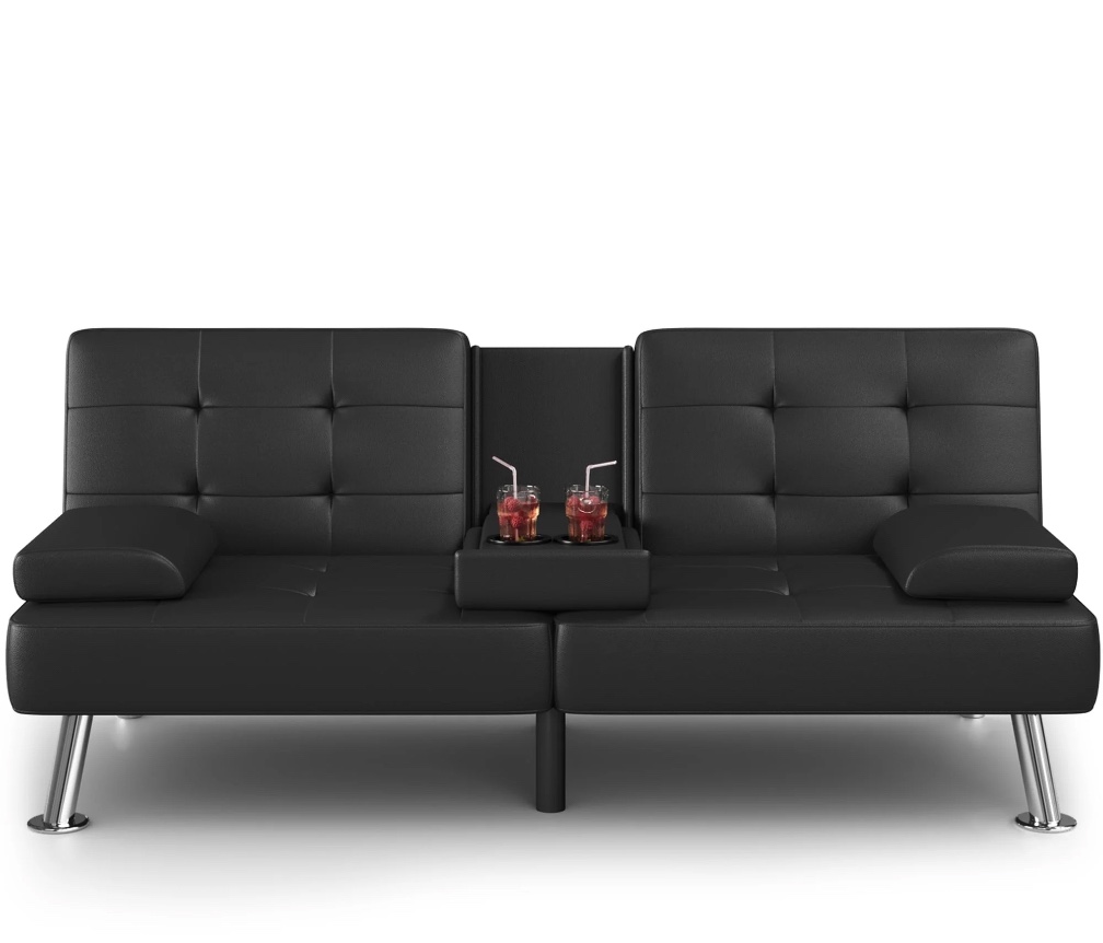 Homall Futon Sofa Bed Faux Leather Couch Modern Convertible Folding Recliner with 2 Cup Holders