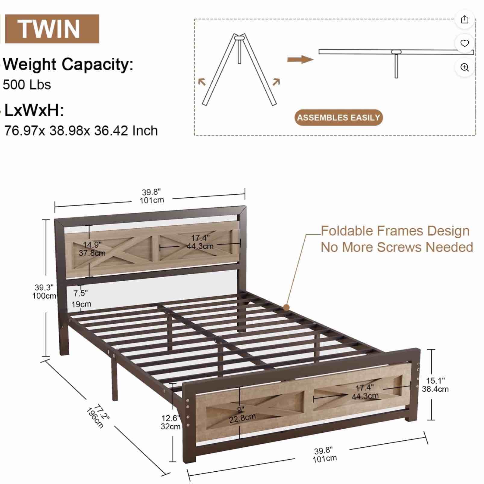 Behost Twin Bed Frame with Headboard and Underbed Storage, Metal Wood Platform Bed Frame Twin, No Box Spring Needed