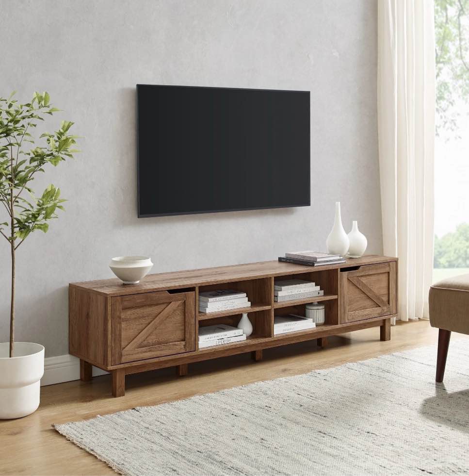 Walker Edison BDOM3FRO 17.75 x 14.5 x 70 in. Simple Barndoor TV Stand, Rustic Oak
