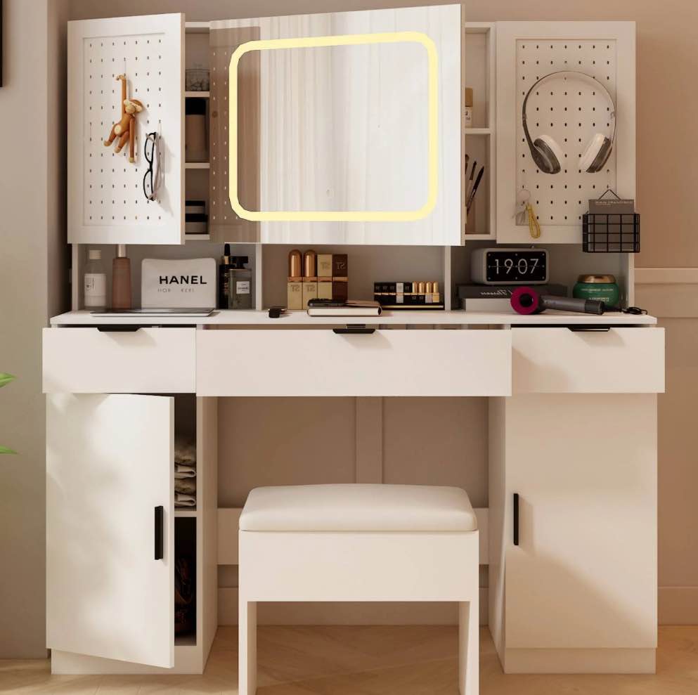 Ktaxon Large 47.24" Lighted Makeup Vanity Table Set with DIY Pegboard Design, 3-Drawer Dressing Table with Charging Station, Bedroom Makeup Table, White