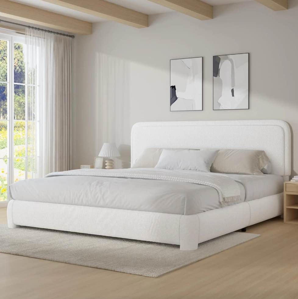 4 EVER WINNER King Size Bed Frame, Modern White Bed Frame with Headboard, Boucle Fabric Upholstered Bed Frame, Soft Curved Headboard, White