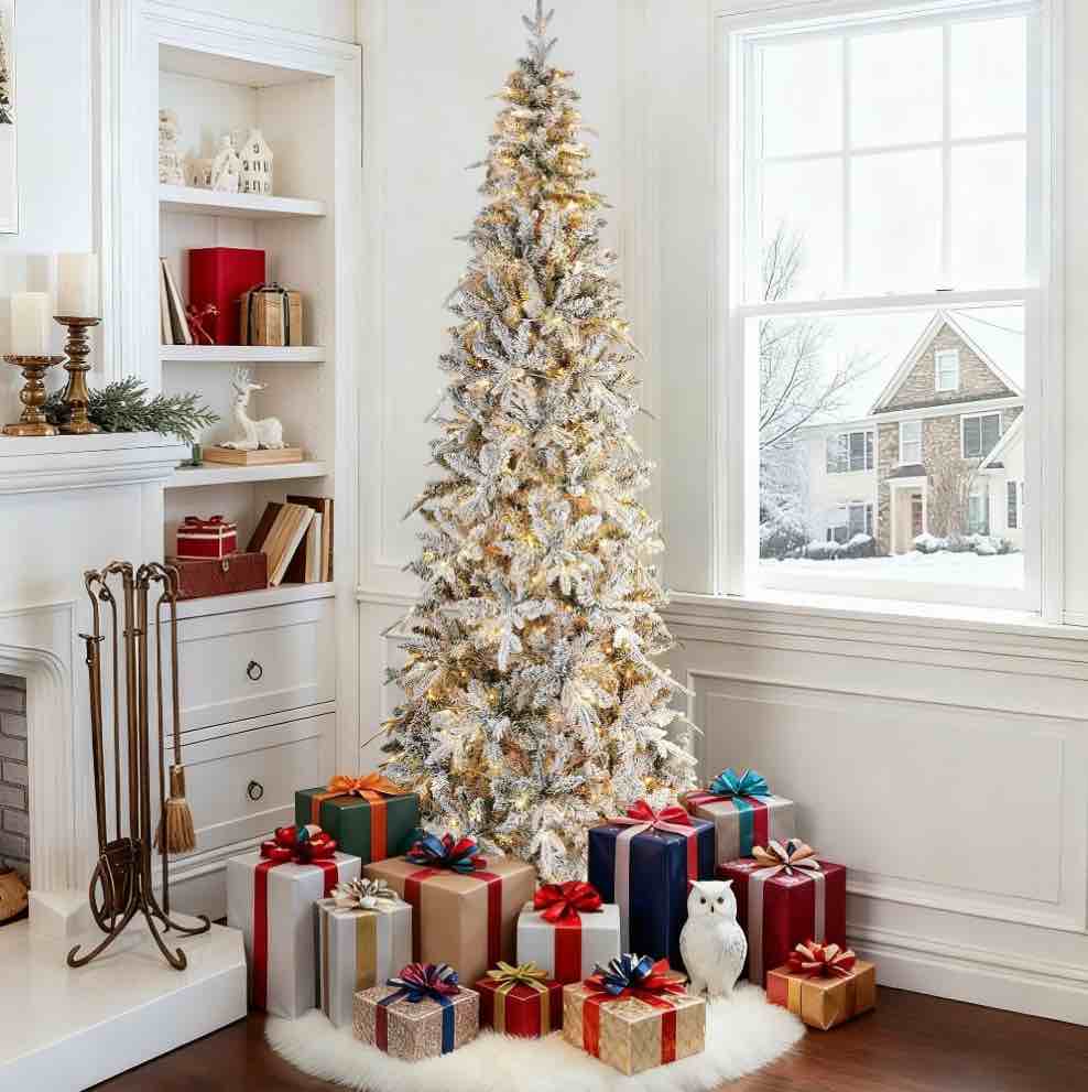 Qunler 7ft Pre-Lit Snow Flocked Artificial PE+PVC Christmas Tree with 350 Warm White 8 Modes LED Lights, Green