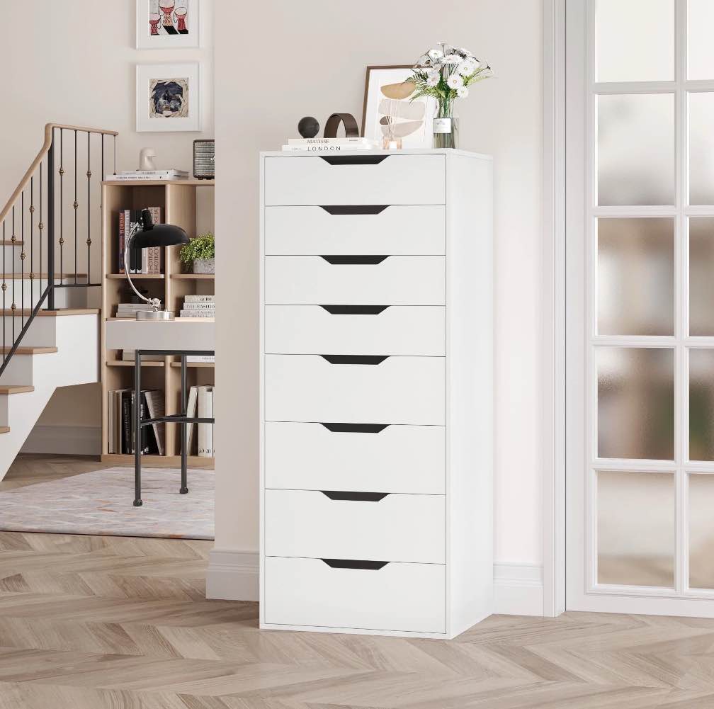 Homfa Compact 8 Drawer Bedroom Dresser for Small Spaces, Wood Tall Chest of Drawer, White