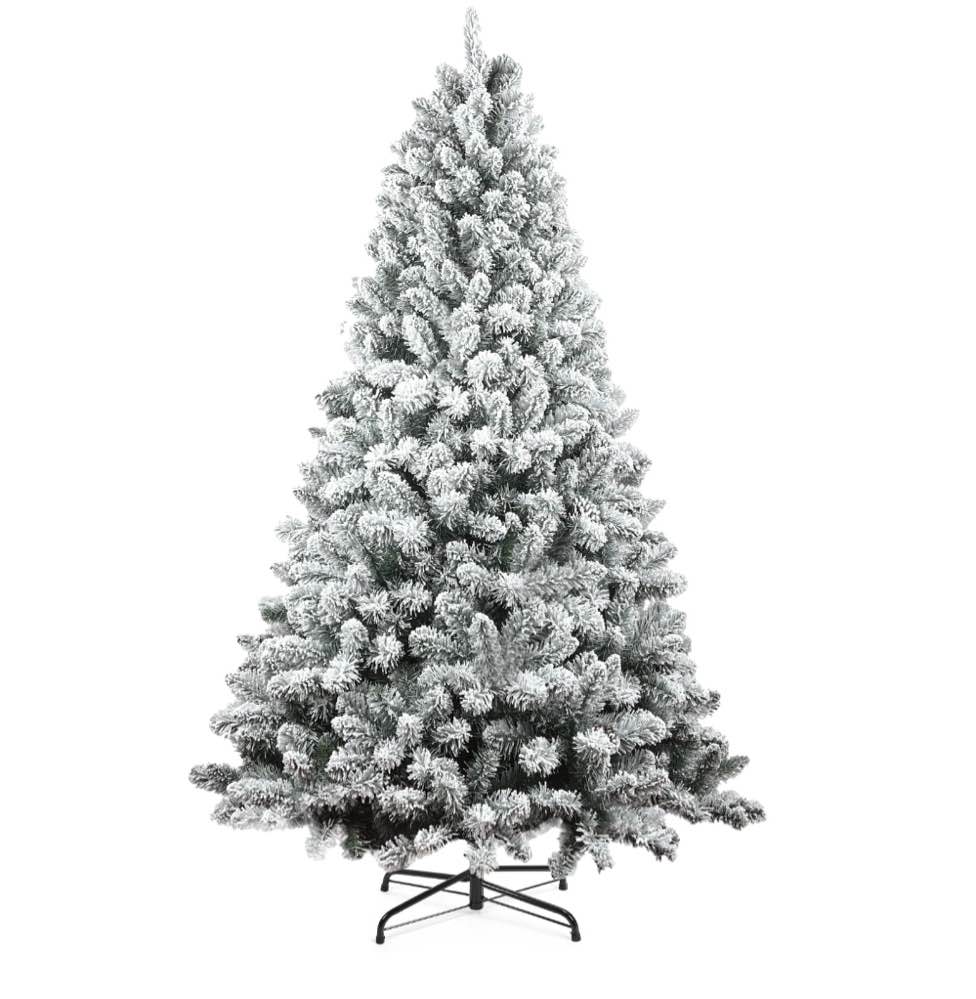 6FT Snow Flocked Christmas Tree, Unlit Artificial Holiday Christmas Pine Tree with 600 Branch Snow Tips and Foldable Metal Base, Xmas Tree w/ Dense Branches for Indoor Outdoor Home Office Party Decor