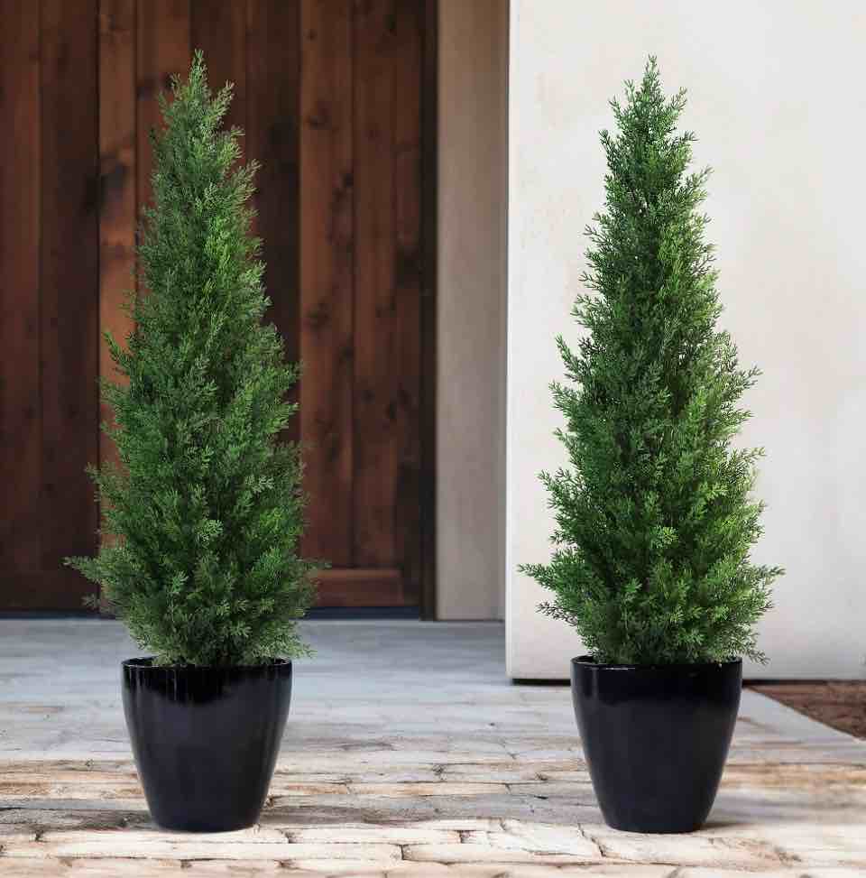 Artificial Cedar Tree 2 Pack 3 ft Outdoor Artificial Topiary Cedar Plants Fake Tree UV Rated Potted Plants for Porch Decor Faux Pine Tree for Perfect Housewarming Gift