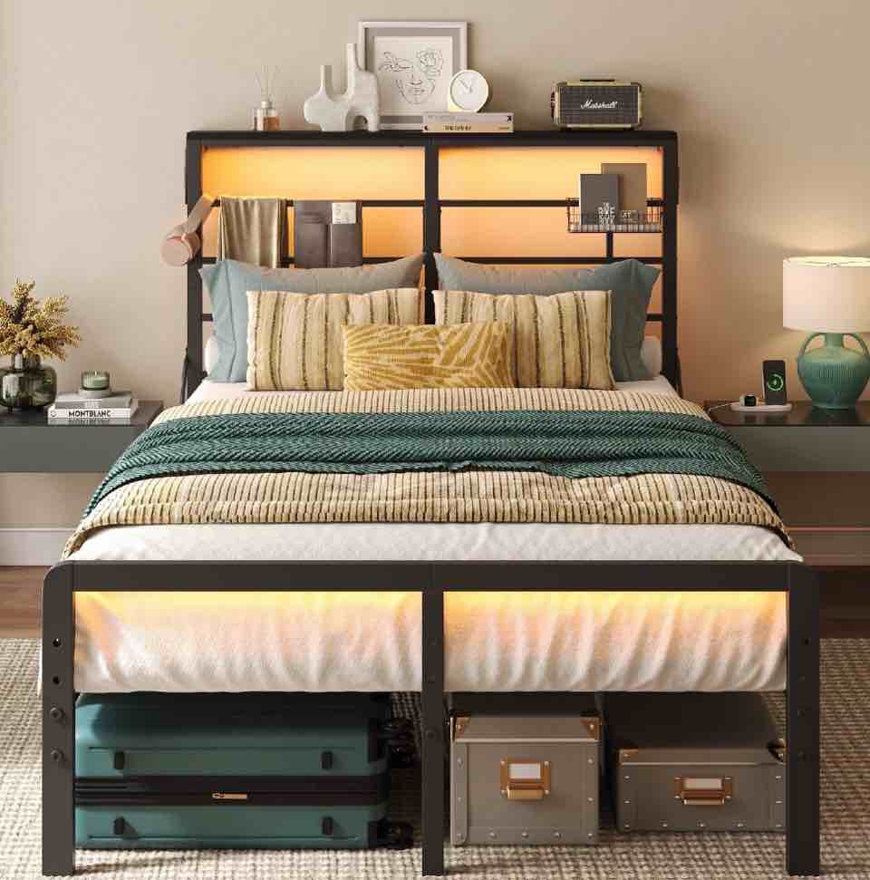 Bestier Full Size Bed Frame with LED Headboard & Charging Station, Metal Platform Bed with 15.7'' Large Under Bed Storage, Black