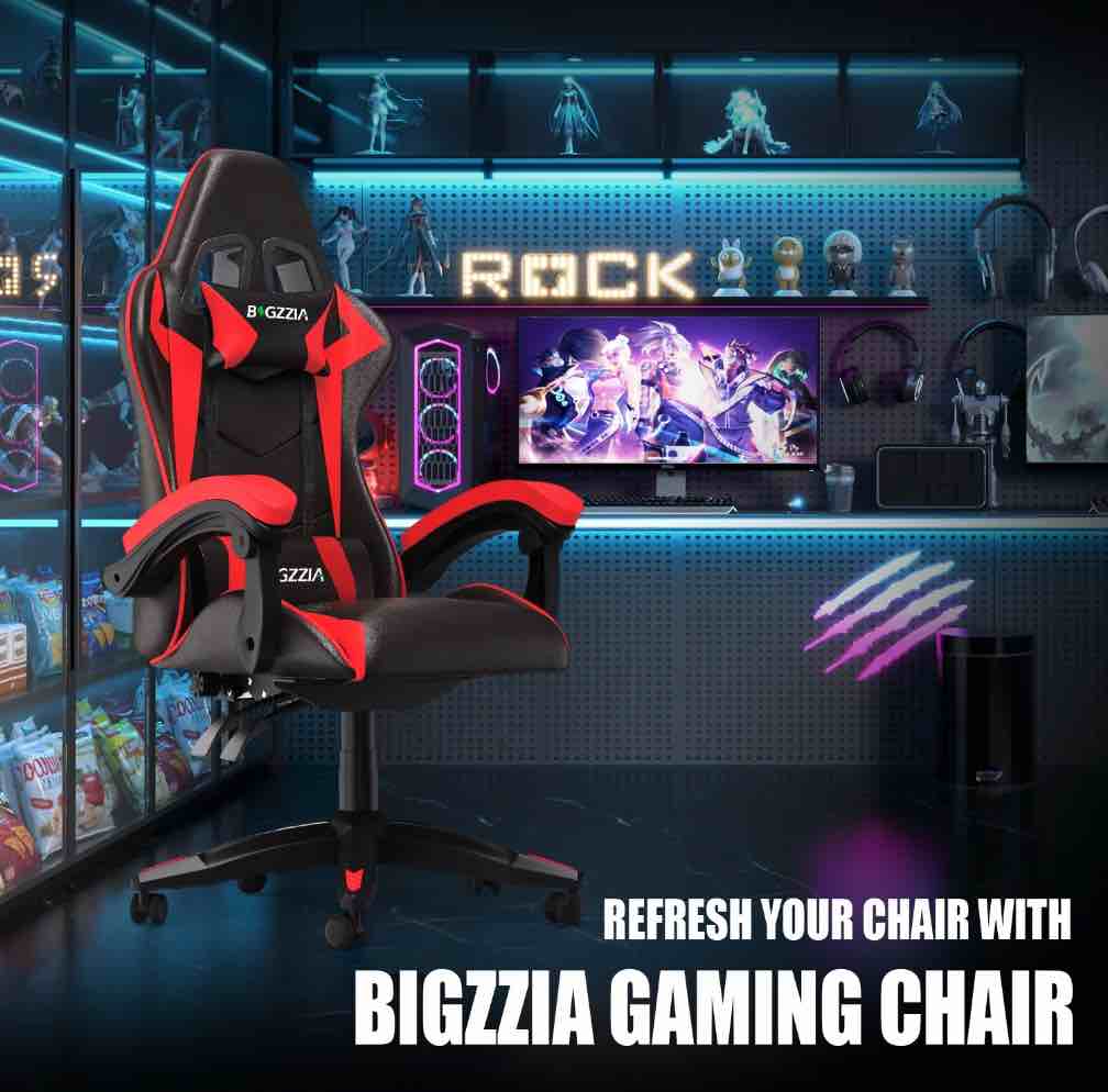 Bigzzia Gaming Chair with Adjustable Headrest & Lumbar Support, Height Adjustable, Red