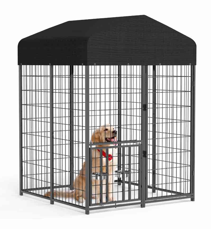 Suchown Outdoor Dog Kennel with Roof, 4' x 4' x 5.6' Heavy Duty Dog Run with Waterproof Cover, Secure Lock & Feeder, Large Dog Cage Playpen Crate for Yard or Patio