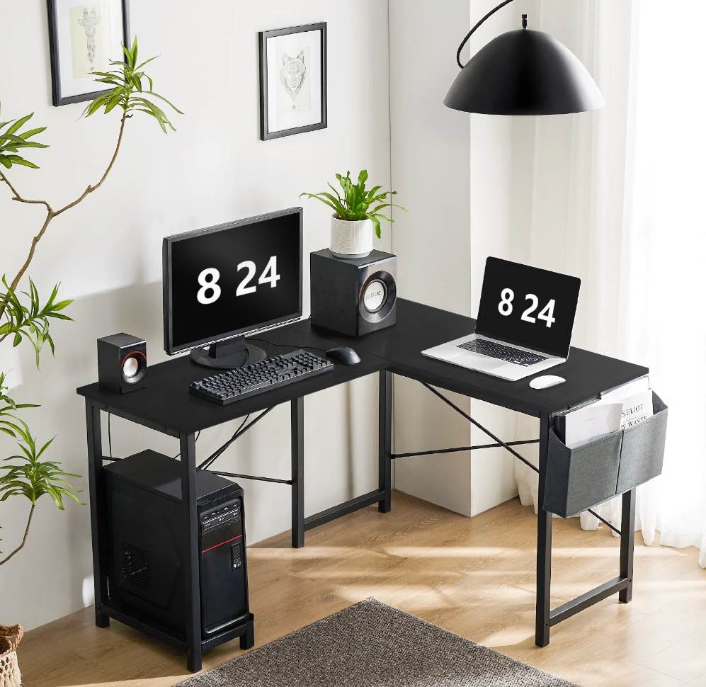 CONCETTA L Shaped Computer Desk with Wooden Desktop CPU Stand Side Bag Reversible, Black