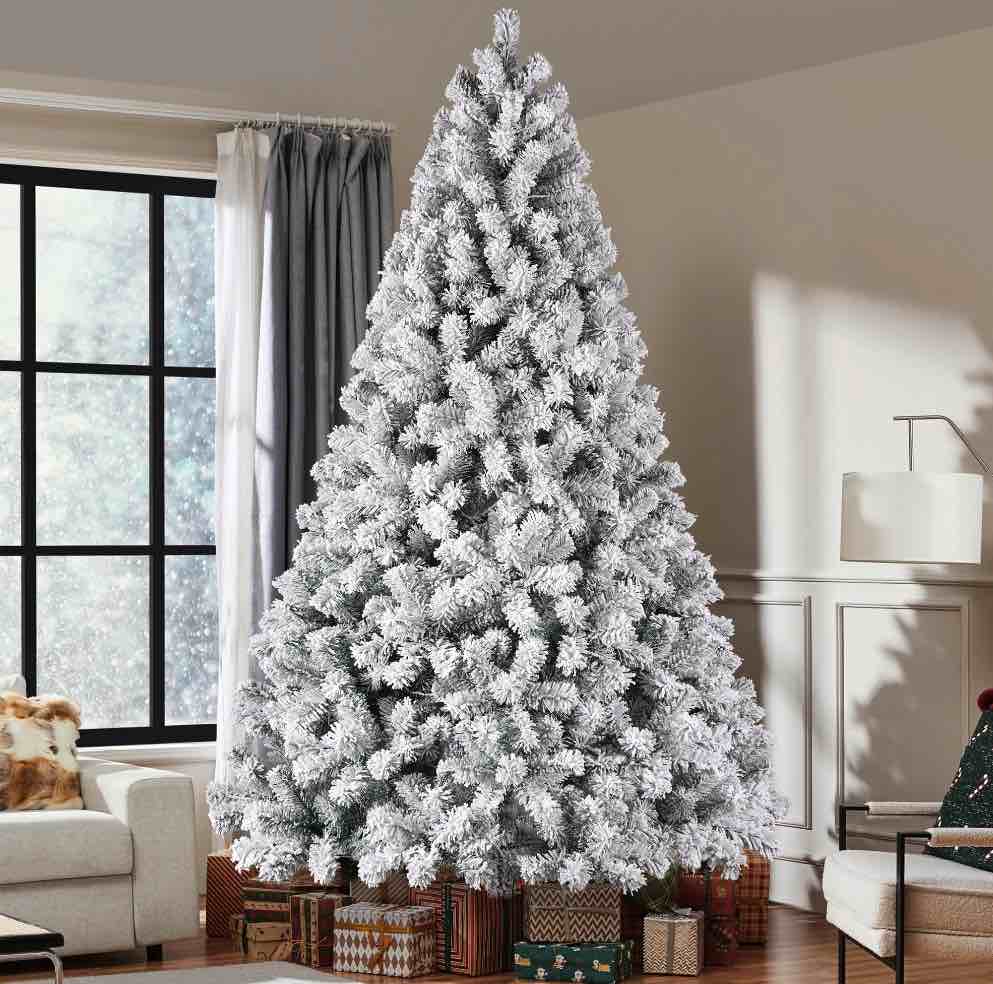 IZNEN 7.5ft Pre-Lit Snowflake Flocked Christmas Tree,8 Modes LED Lights,Artificial Xmas Tree with Storage Bag