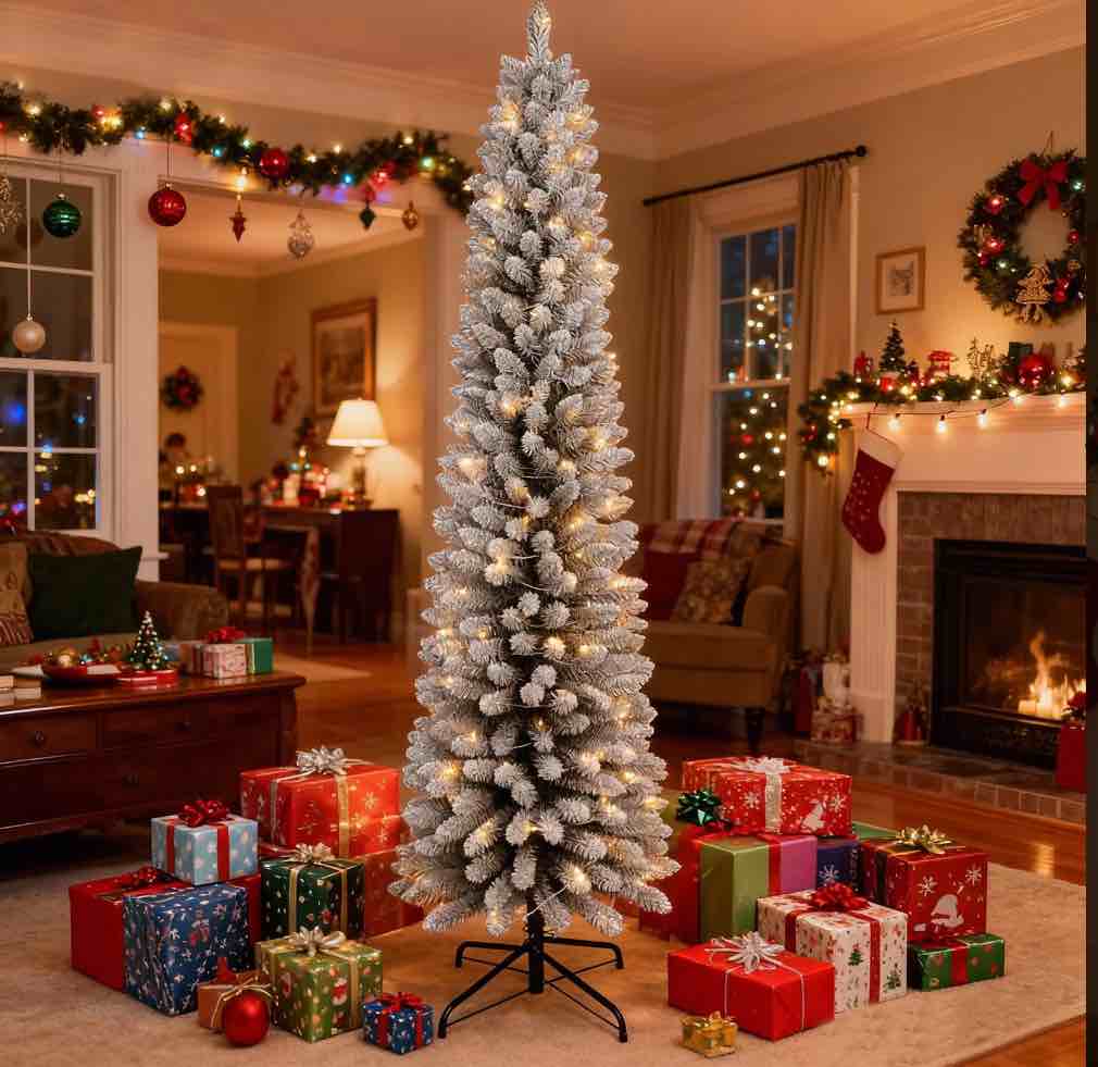 5FT Pre-Lit Flocked Pencil Christmas Tree  Bringstar Artificial Slim Trees  LED Warm White Lights
