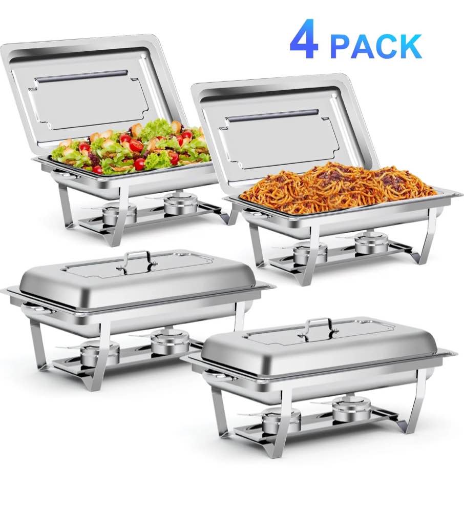 bluebow 4 pack chafing dishes for buffet set, stainless steel catering chafer, serving food warmer with lids, food & water pans & fuel holders