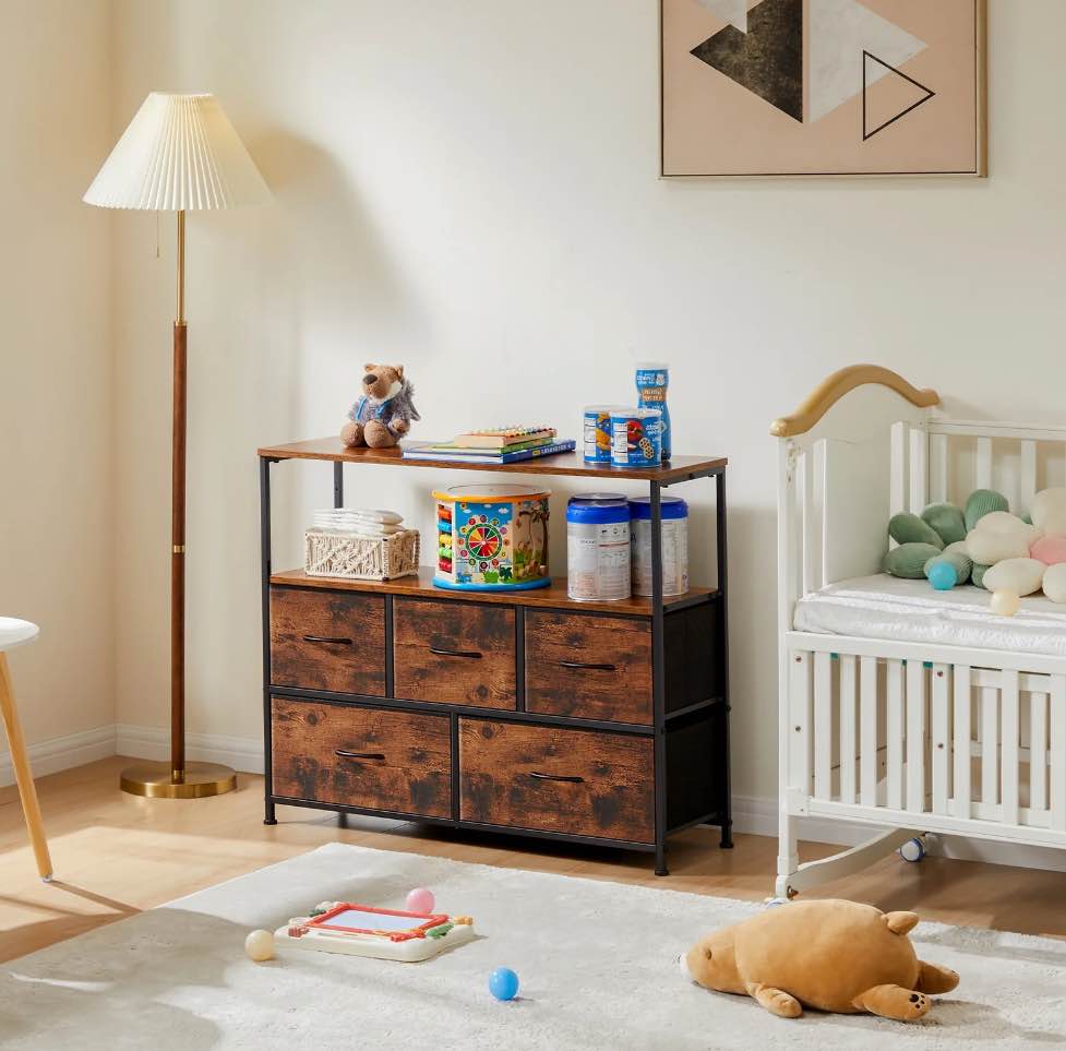 CONCETTA Dresser for Bedroom TV Stand with Storage Entertainment Center Dresser with 5 Fabric Drawers with Open Storage Shelf for Bedroom Living Room Hallway, Rustic Brown