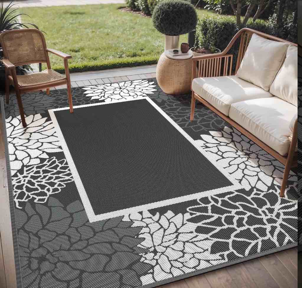 SIXHOME Outdoor Rug with LED Strip Lights 9 x12  Waterproof Reversible Patio Rug Floral Border Plastic Straw Indoor Outdoor Rug for RV Camping Garden Picnic Beach Deck Backyard Porch Decor