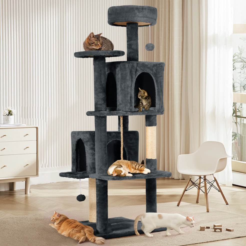 NINESHI 58" Cat Tree Large Cat Tower Condo w/ Multi-Level Scratching Post for All Indoor Cats, Deep Gray