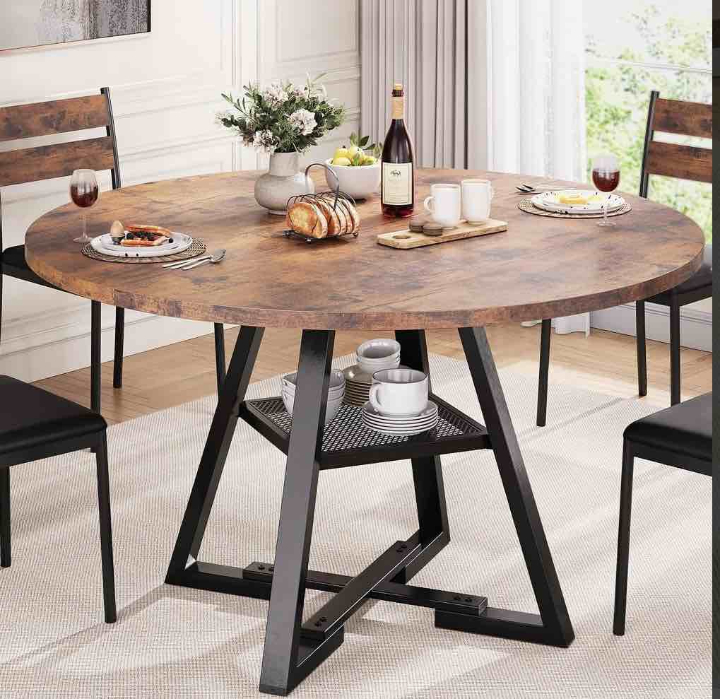 Cocosity 47 inch Wood Kitchen Table for 4, Round Dining Table with Storage Shelf for Home Dining Room Living Room Brown