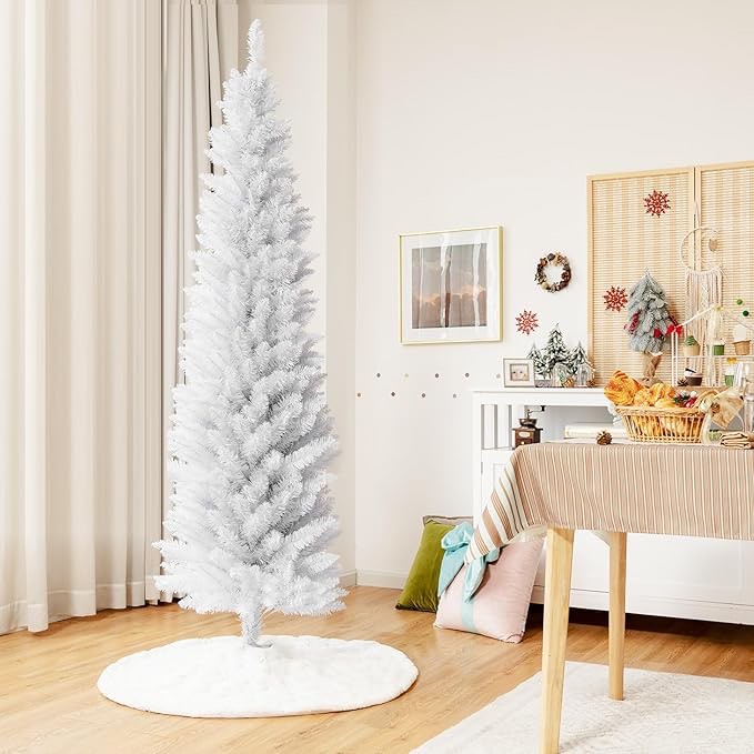 Costway - 7ft Unlit Artificial Slim Christmas Pencil Tree with Metal Stand - White