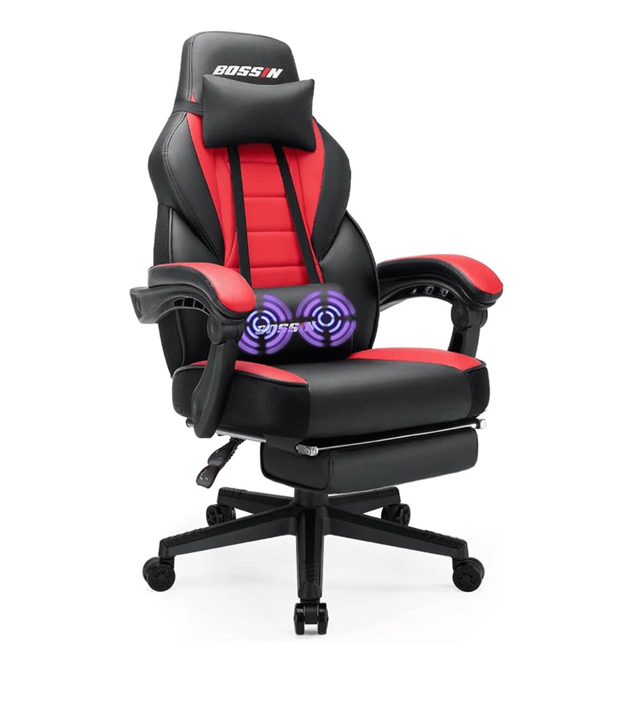 Bossin Gaming Chairs with Footrest  Massage Leather Game Chair for Adults  Big and Tall Gamer Chair with Headrest and Lumbar Support