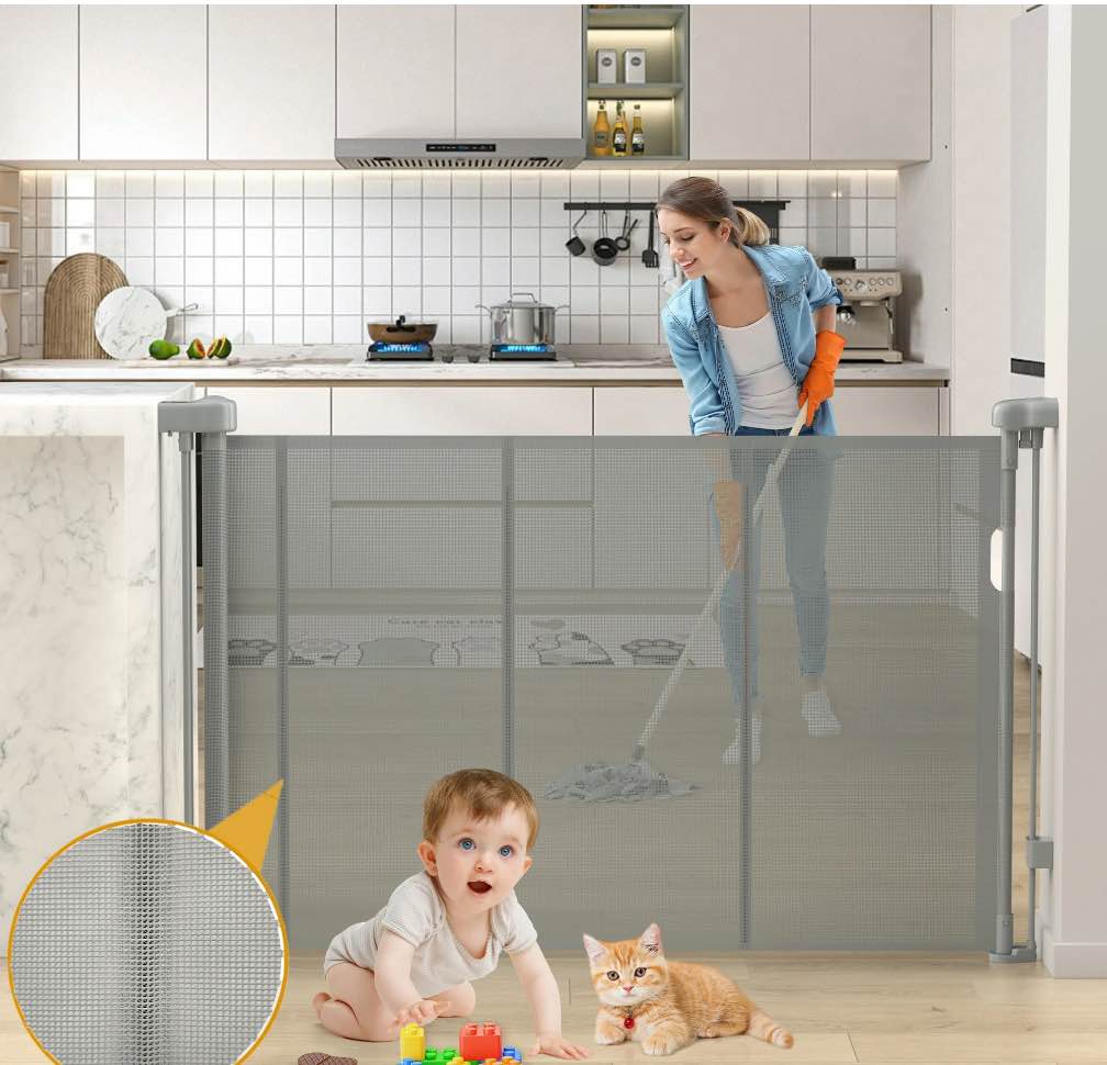 Vomeast 60in Extra Wide Retractable Baby Gates with Support Rods,Dog Gates for Doorways Stairs Hallways(Grey)