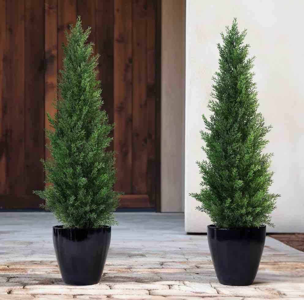 Artificial Cedar Tree 2 Pack 3 ft Outdoor Artificial Topiary Cedar Plants Fake Tree UV Rated Potted Plants for Porch Decor Faux Pine Tree for Perfect Housewarming Gift