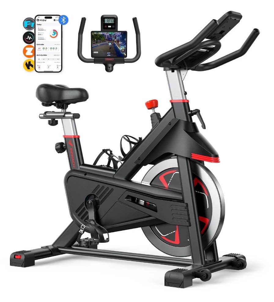MERACH Exercise Bike Indoor Stationary Cycling Bike with 350lbs Weight Capacity 100 Resistance with LED Monitor Free APP Silent Belt Drive and Comfortable Seat Cushion for Cardio Workout