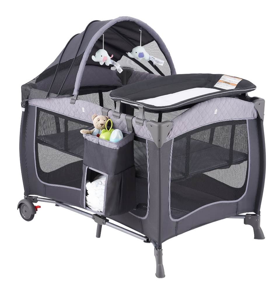 Pamo Babe Unisex Portable Baby Play Yard Include Wheels, Canopy, Changing Table for Newborn(Grey)