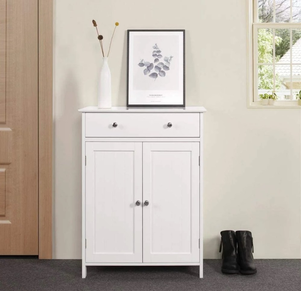 Zimtown White Wooden 2-Door Bathroom Cabinet Storage Organizer with 2 Shelves& 1 Drawer Freestanding