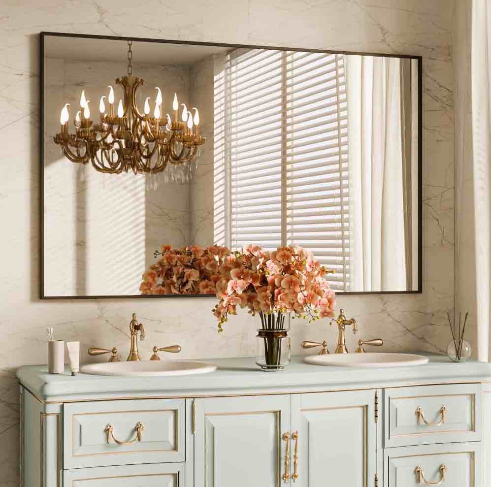 BEAUTYPEAK 48"x30" Bathroom Wall Mirror with Rectangular Metal Frame, Black