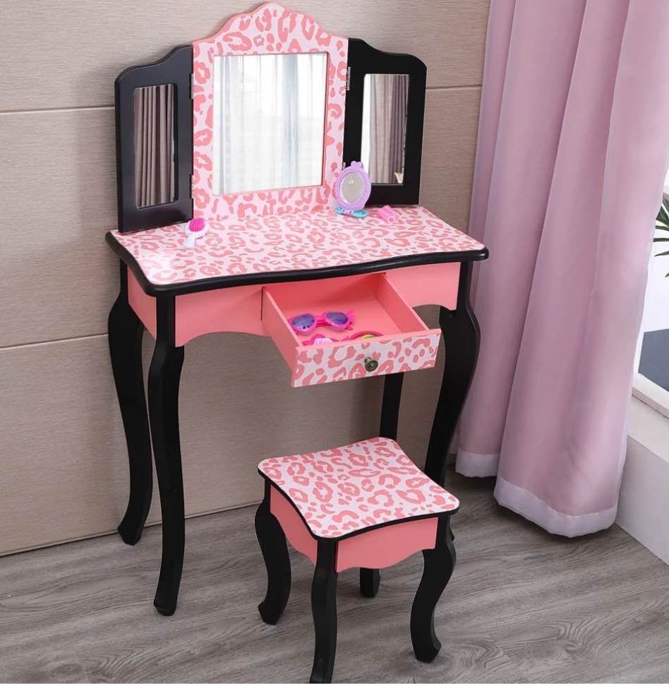 Ktaxon Kids  Wooden Vanity Table and Stool Set with 3 Mirrors  Princess Makeup Dressing Table Children s Furniture