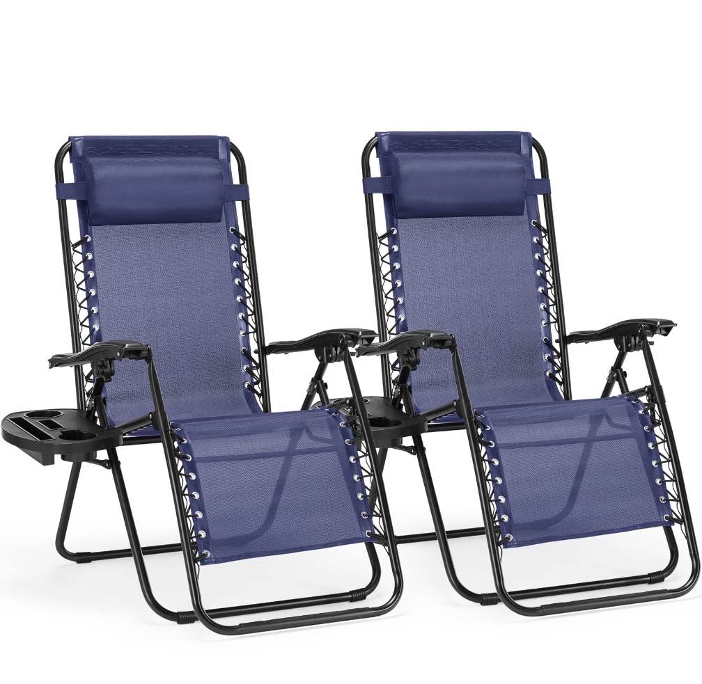 CONCETTA 2PCS Zero Gravity Patio Recliner, Textilene Folding Lounge with Adjustable Pillow & Cup Tray, Blue