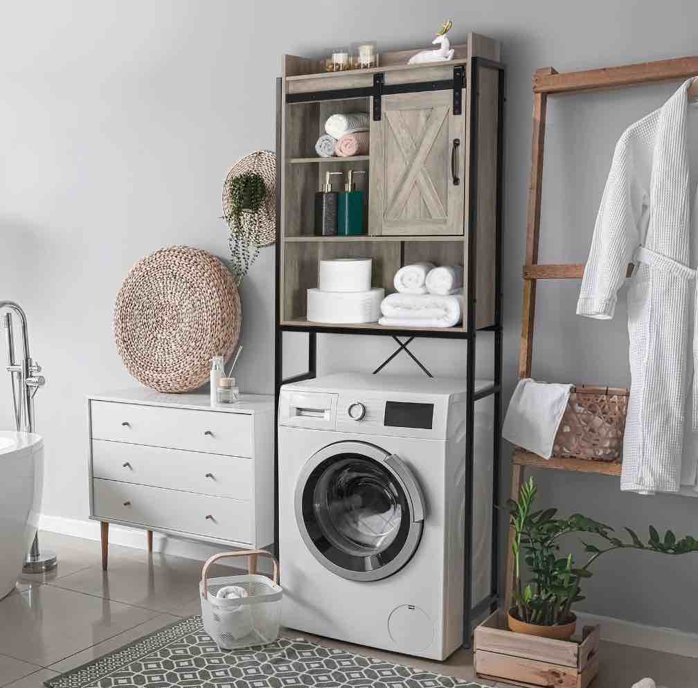 Ktaxon 3-Shelf Over The Toilet Bathroom Storage Cabinet and Shelf with Sliding Barn Door, Retro Gray