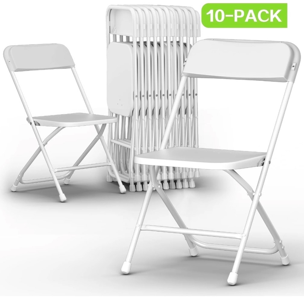 Capri White Plastic Folding Chair 10 Pack with Steel Frame, Hold up to 350 lbs, Indoor Outdoor Portable Stackable Event Chair Commercial Seat for Dining Wedding Party Office Picnic Kitchen