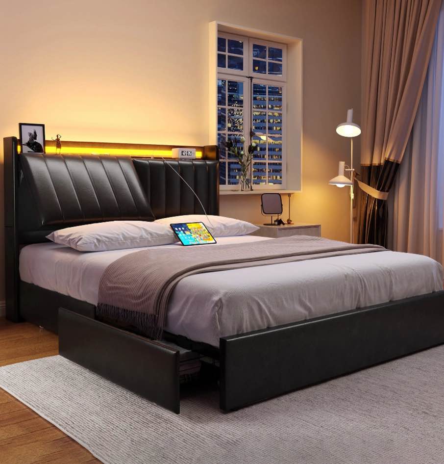 Cocosity Queen Size Upholstered Bed Frame with 4 Storage Drawers and Ergonomic & Adjustable Storage Bookcase Headboard