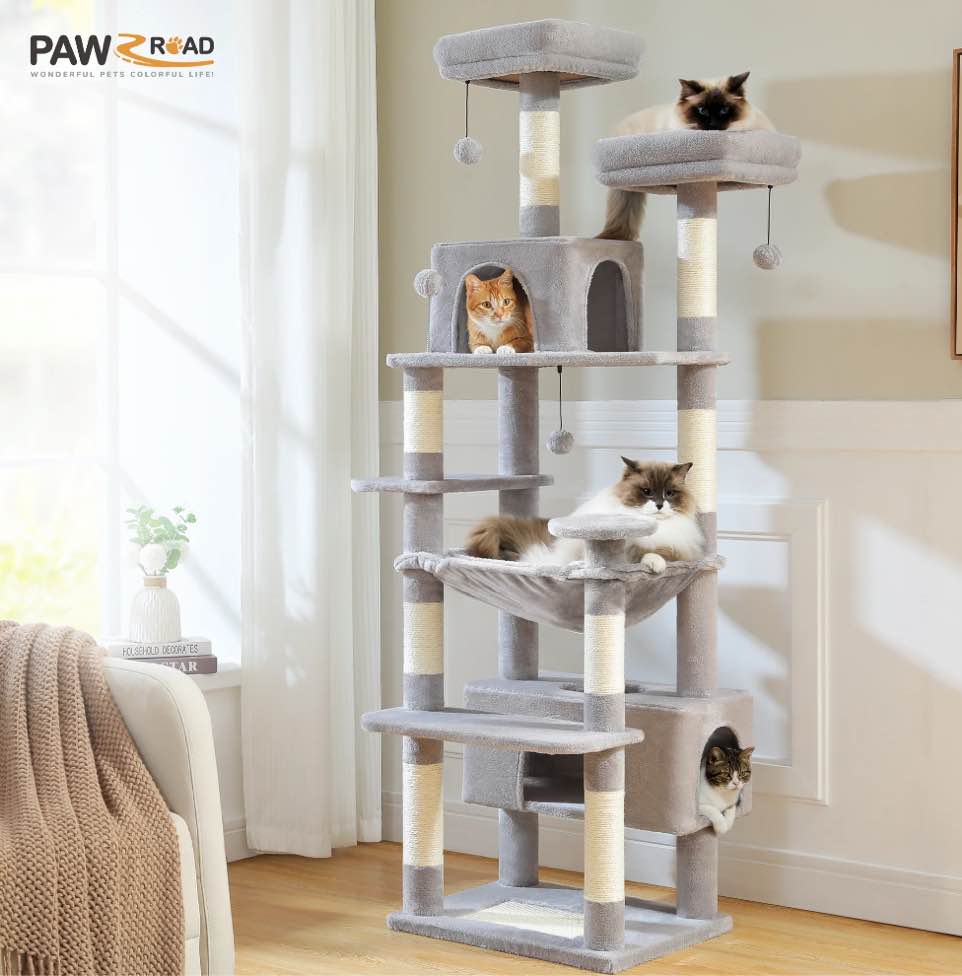 PAWZ Road 73"Cat Tree for Large Cats Multi Level Play Tower Condo 7 Sisal Cat Scratching Posts Gray