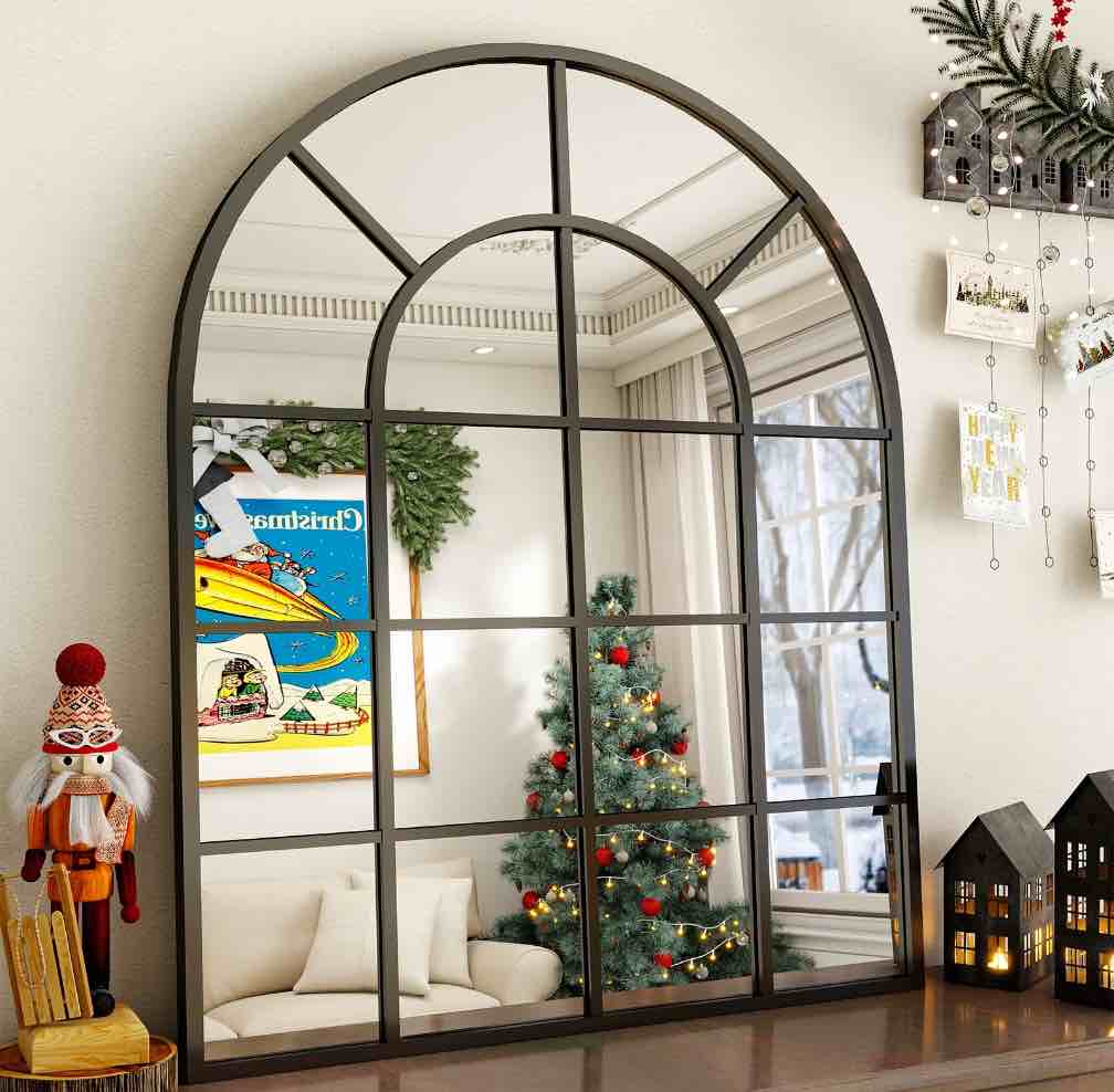 BEAUTYPEAK 40" x 30" Arched Windowpane Mirror Decor Wall Mirror, Black