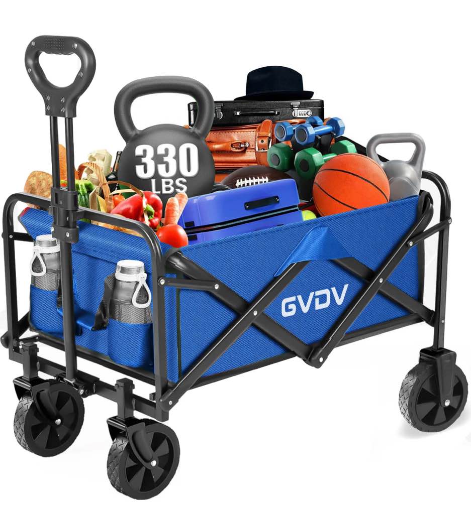 GVDV Collapsible Wagon Cart, Portable Utility Wagon for Camping, Beach, Picnic, Shopping, Sports, and Grocery Transport, Blue