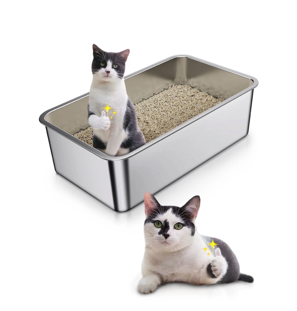Stainless Steel Cat Litter Box, Bug Hull High Sided Metal Pan, Odor Control, Easy to Clean, 23.4" x 15.6" x 6"